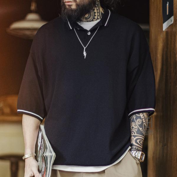 ニットソー ニットポロ メンズ 五分袖 大きいサイズ おしゃれ サマーニット オーバーサイズ ポロシ...