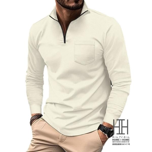 ゴルフ ポロシャツ メンズ 長袖 ポロシャツ 長袖 立ち襟 ワッフル地 ポケット ハーフジップ おし...