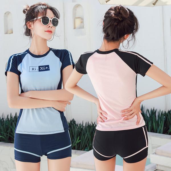 レディース フィットネス水着 セパレート ショートパンツ 上下セット 半袖Tシャツ 大人 切り替え ...