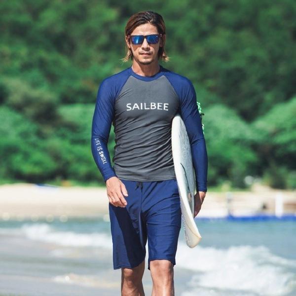 長袖 メンズ水着 ラッシュガード 水陸両用 日焼け対策 速乾 クルーネック プルオーバー ネイビー ...