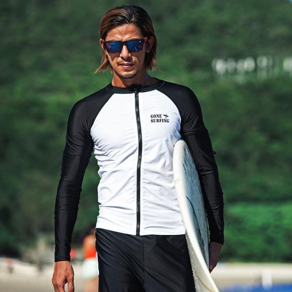 長袖 ラッシュガード メンズ 日焼け対策 水着 シンプル 水陸両用 速乾 セットアップ ジップ留め ...