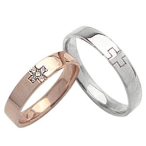 結婚指輪 クロス ダイヤモンド マリッジリング ピンクゴールドK10 ホワイトゴールドK10 ペアリング 10金 十字架 指輪 受注｜jwl-i