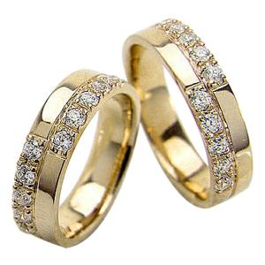 結婚指輪 クロス ダイヤモンド 幅広 5ミリ幅 マリッジリング イエローゴールドK18 十字架 ペアリング 2本セット 受注｜jwl-i