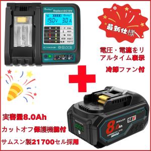 Waitley マキタ 18V バッテリー 充電器 セット Makita 互換 実容量8.0Ah カットオフ保護機能付 サムスン製21700セル採用 液晶パネル搭載充電器 PSE認証済み