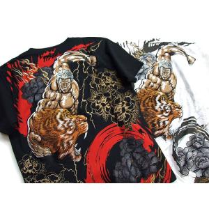 北斗の拳 tシャツ　絡繰魂コラボ　ラオウ 猛虎 刺繍半袖Ｔシャツ 292030 豪華刺繍と大胆プリント メンズtシャツ 和柄｜k-2climb