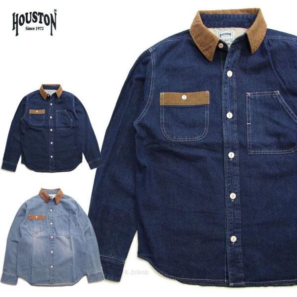 HOUSTON 長袖 ワークシャツ 襟コーデュロイ ヒューストン メンズシャツ 異素材 オシャレ ト...