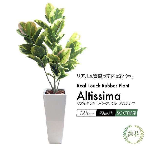 人工観葉植物 造花 大型 フェイク グリーン リアルタッチ ゴムの木 アルテシマ 125cm 鉢植 ...