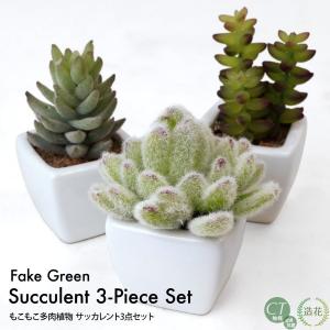 フェイクグリーン 観葉植物 人工観葉 卓上 ミニ 小さい 光触媒 造花 もこもこ多肉植物 サッカレント3点セット 10〜11cm 陶器鉢 インテリア 母の日