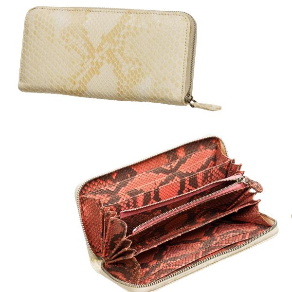 パイソン 長財布 アイボリー 内側レッド 本革 高級 エキゾチック ラウンドファスナー 大容量 メン...