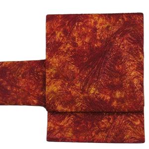 紅型 名古屋帯」紅型染名古屋帯 縮緬地 赤橙色 全通柄染め名古屋帯