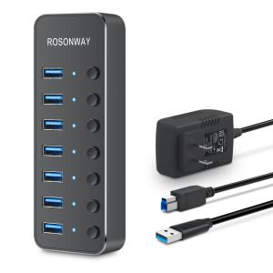 ROSONWAY USBハブ 3.0 電源付き 7ポート USB Hub アルミ製 5Gbps高速転送 セルフパワーとバスパワー両用 5V 電源 独立｜k2117-shop