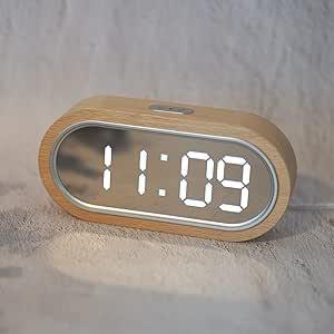 DEMI LOUS. 置き時計 デジタル ミラー 木製フレーム 鏡面 アラーム カレンダー表示...