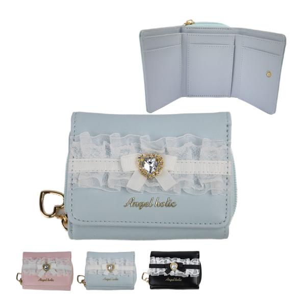 財布 キッズ 三つ折り ミニ財布 ラウンドファスナー 小銭入れ リボンハートレース かわいい 女の子...