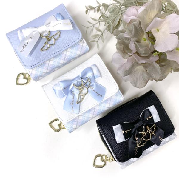 財布 キッズ 女子 三つ折りミニ ミニ財布 ファスナー さいふ 中学 小学校 リボン 水色 黒 白 ...