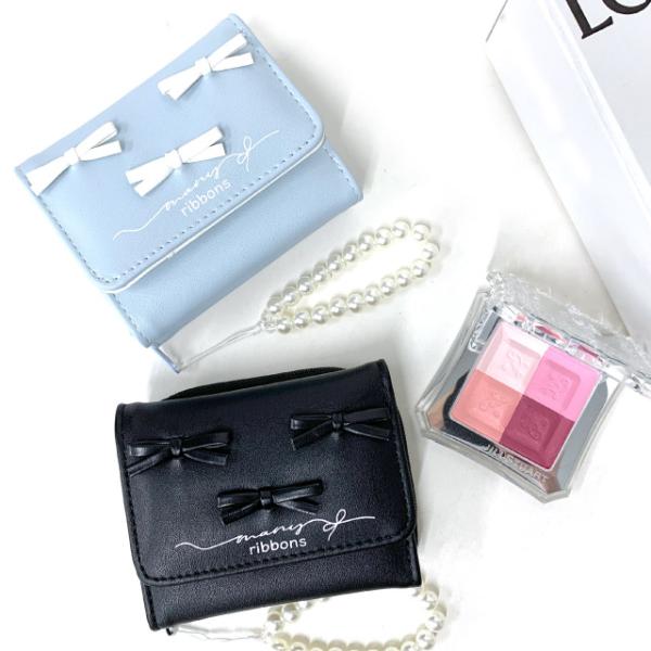 キッズ 財布 女子 子供 財布 女 3つ折り財布 小学生 ミニ財布 かわいい 人気 黒 水色 リボン...