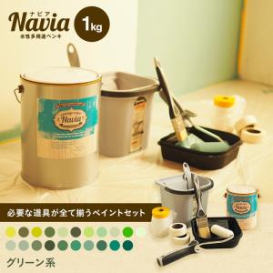 ペンキ 塗料 ペイントセット 水性塗料 Navia 道具付きペイントチャレンジセット グリーン系 1kg｜kabegamiyasan