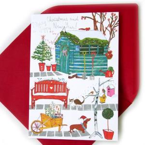 クリスマス&ニューイヤーカード　小鳥とネコとダックスフンドQUIRE[Louise Cunningham]グリーティングカード｜kaderia