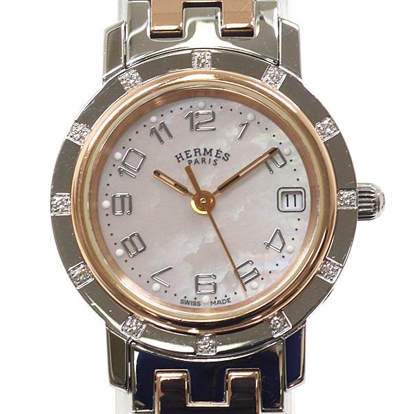 HERMES エルメス レディース腕時計 クリッパー ナクレ CL4.222 ピンクシェル文字盤 ク...