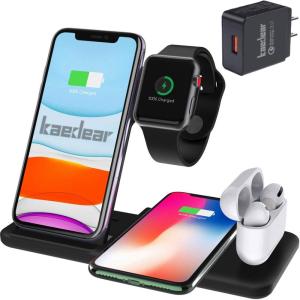 Kaedear (カエディア) ワイヤレス充電器 iphone / apple watch 6 (OS7) / airpods pro 充電 スタンド アップルウォッチ 充電器 4in1 qi 最大15W 18Wアダプター付