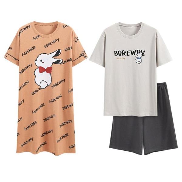 ロング Tシャツ レディース パジャマ 半袖 メンズ カジュアル ルームウェアセット 薄手 綿100...