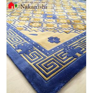 アクセント　ラグ　絨毯　カーペット　シルク　中国段通　約3畳　約201×249cm　120段　ブルー系　dt-1013