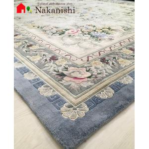 アクセント　ラグ　絨毯　カーペット　シルク　中国段通　約3畳　約201×253.5cm　120段　ブルー系　多少傷あり　dt-1019