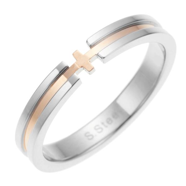 リング サージカルステンレス316L製 ツートンカラー クロス 十字架 華奢 細身 シンプル 低金属...