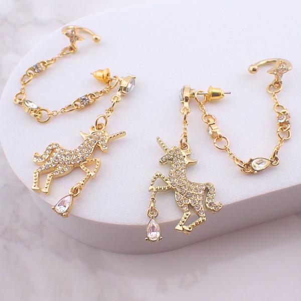 ピアス イヤリング 2WAY 片側用 ラインストーン ユニコーン イヤーカフ チャーム デイリー 爆...