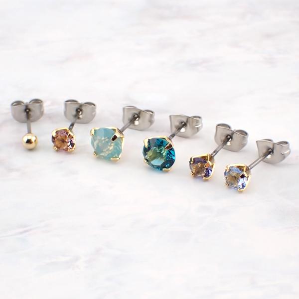 大きさ カラー色々 カラフルラインストーン他ピアス6点お買い得セット サージカルステンレス製ポストで...