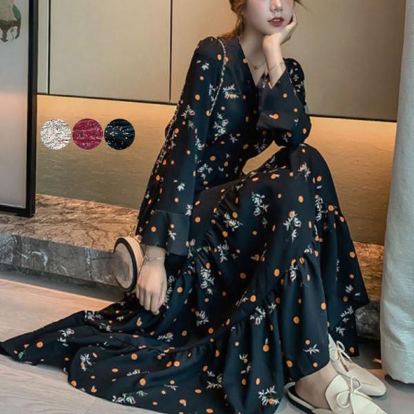 ワンピース レディース 春夏秋 長袖 ロング丈 Vネック ティアード Aライン ポリエステル シフォ...