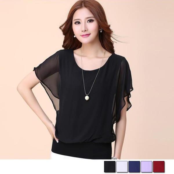シフォンブラウス 半袖 レディース ラウンドネック ドルマンスリーブ トップス 無地 爆買