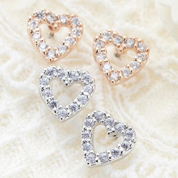 スタッドピアス チタン製ポスト 低アレルギー キュービックジルコニア オープンハートビジュー 小ぶり...