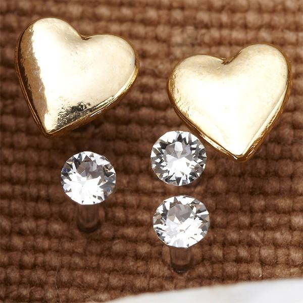 スタッドピアス 5点セット ノンアレルギーポスト ポリプロピレン製樹脂 メタルハート ストーン 3粒...