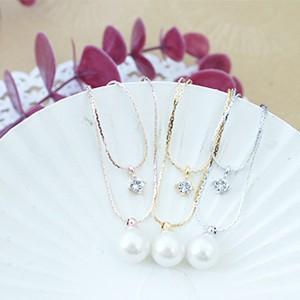 2連ネックレス 1粒パールとストーンの2連ネックレス ショート 