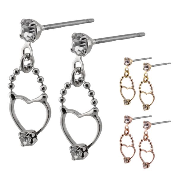 低アレルギーピアス オープンハートスタッドピアス チタン製ポスト キュート ラインストーン ボール ...