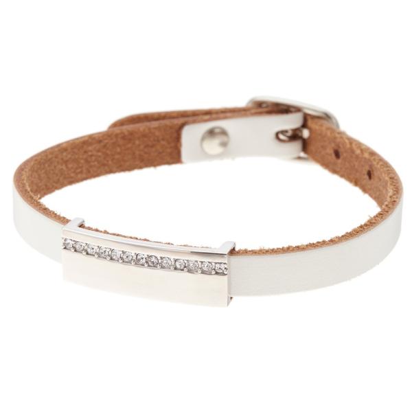 ホワイトレザーのベルト風細身ブレスレット ラインストーン 1.5ミリ レーン シンプル カジュアル ...