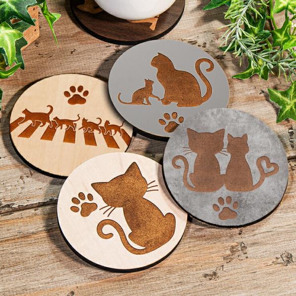 コースター 4枚セット 木製 7種から選べるデザイン 猫 ネコ 約9cm×9cm程度 ブラウン ナチ...