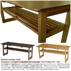 スリムなコンパクト設計タモ集成無垢材の１２０cm幅ハイタイプリビングテーブル（ナチュラル色・ブラウン色） センターテーブル 棚付 収納付 木製｜kaguhiruzu