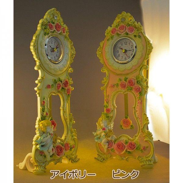 ロココ調ローズ置き時計：竪琴を持った　エンゼル　：2色　送料無料　オープン記念　