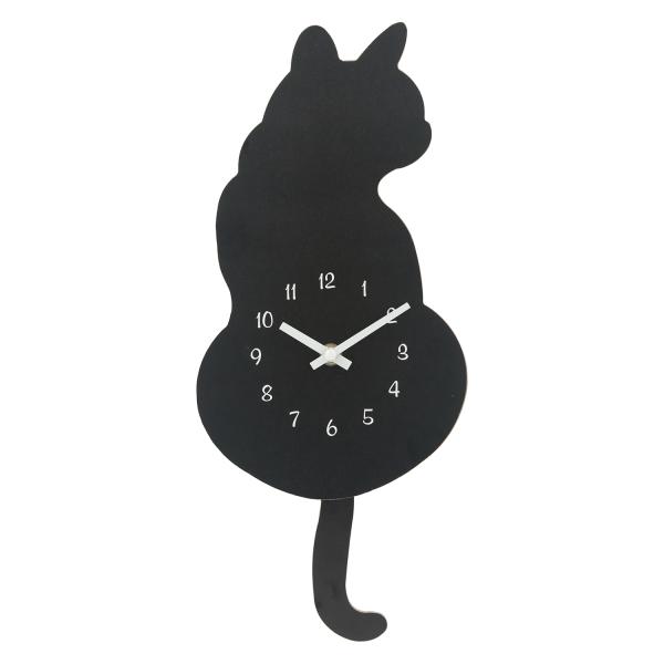 木製 猫振り子時計 壁掛け時計 ネコ 壁掛時計 振子時計 ウォールクロック キャット クロネコ 黒猫...