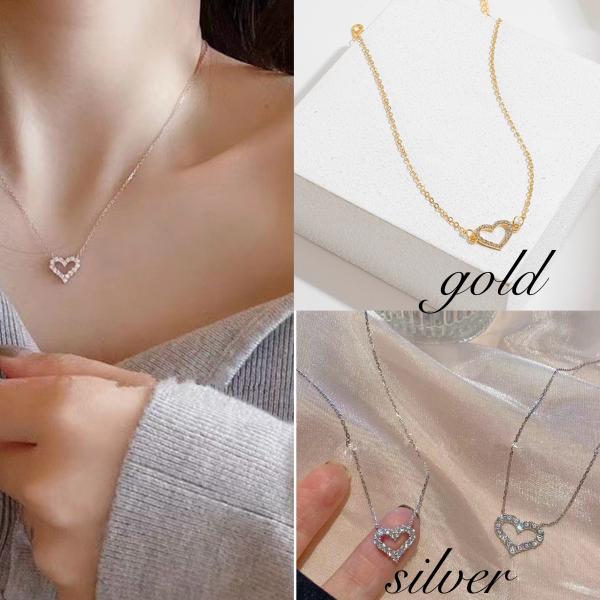 ステンレス ネックレス ハート ラインストーン レディース チェーン 全2色 ゴールド シルバー か...