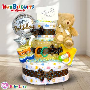 ホットビスケッツ ミキハウス おむつケーキ 男の子 出産祝い 4段オムツタワー 日本製 ガーゼタオル ベビーシャワーケーキ