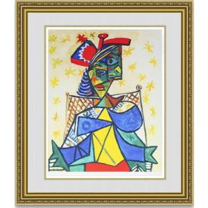 複製画購入  パブロピカソ Seated Woman with Red and Blue Hat  額縁付き