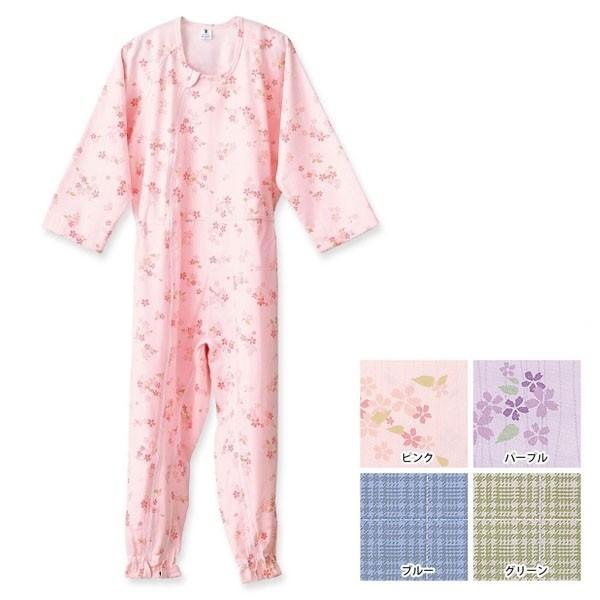 介護つなぎ服 前開き　403420　Sサイズ　パープル さくら柄　フットマーク　通年用　前面ファスナ...