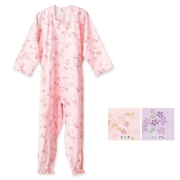 介護つなぎ服 前開き　403420　Sサイズ　ピンク さくら柄　フットマーク　通年用　前面ファスナー...