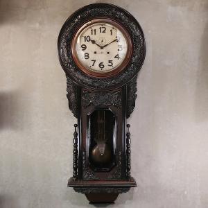 【開】大迫力！明治-大正浪漫の大時計 全高128cm 『明治時計』 木彫黒塗時打機械式柱時計 掛時計 ボンボン ウォールホールクロック AC320