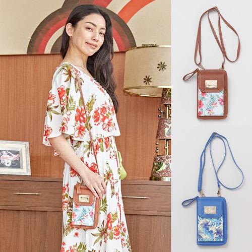 ハワイアン モンステラ×ハイビスカス柄 小銭入れ付き スマホ ウォレット ショルダーバッグ 財布 カ...