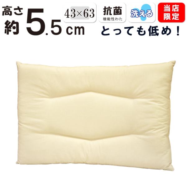 高さ調節ポケット付き 低い枕 低め 約５cm 洗える枕 43×63cm 日本製 綿100％ 薄型 テ...