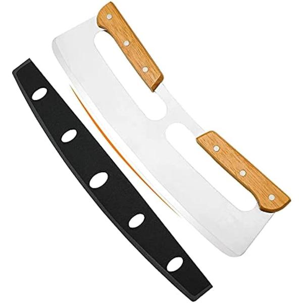 ピザカッター 両ハンドルピザナイフ 木製ハンドル付き ステンレスピザカッター 半丸ピザナイフ シャー...
