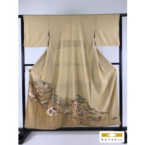 名品 色留袖 黄土色 扇面 草花 鶴 松 金彩 落款有 三つ紋 身丈154.5cm 裄丈64cm リサイクル バイセル